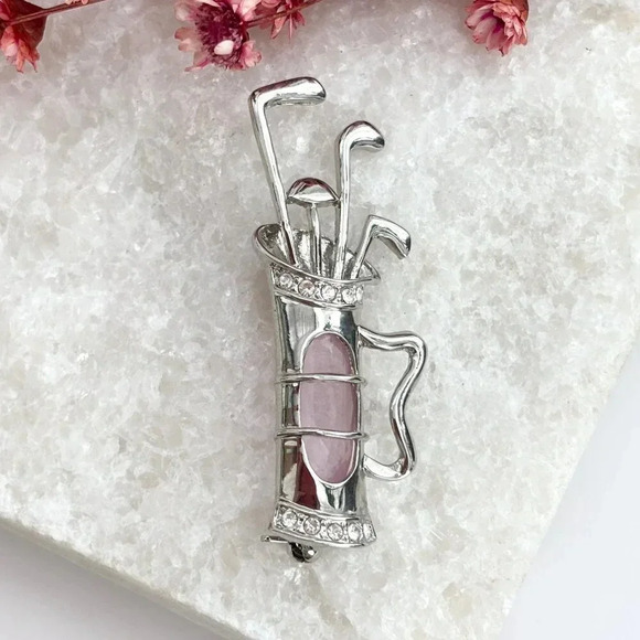 Vintage Jewelry - Silver Tone Pink Quartz Oval Stone Vintage Multi Club Golf Themed Brooch